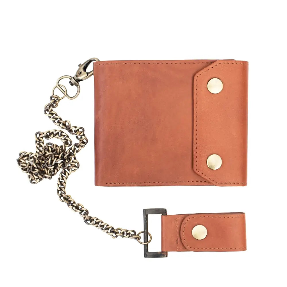 Tan leather wallet with chain on a white background
