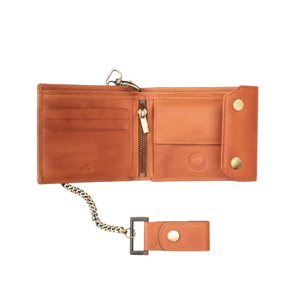Tan leather wallet with chain on a white background