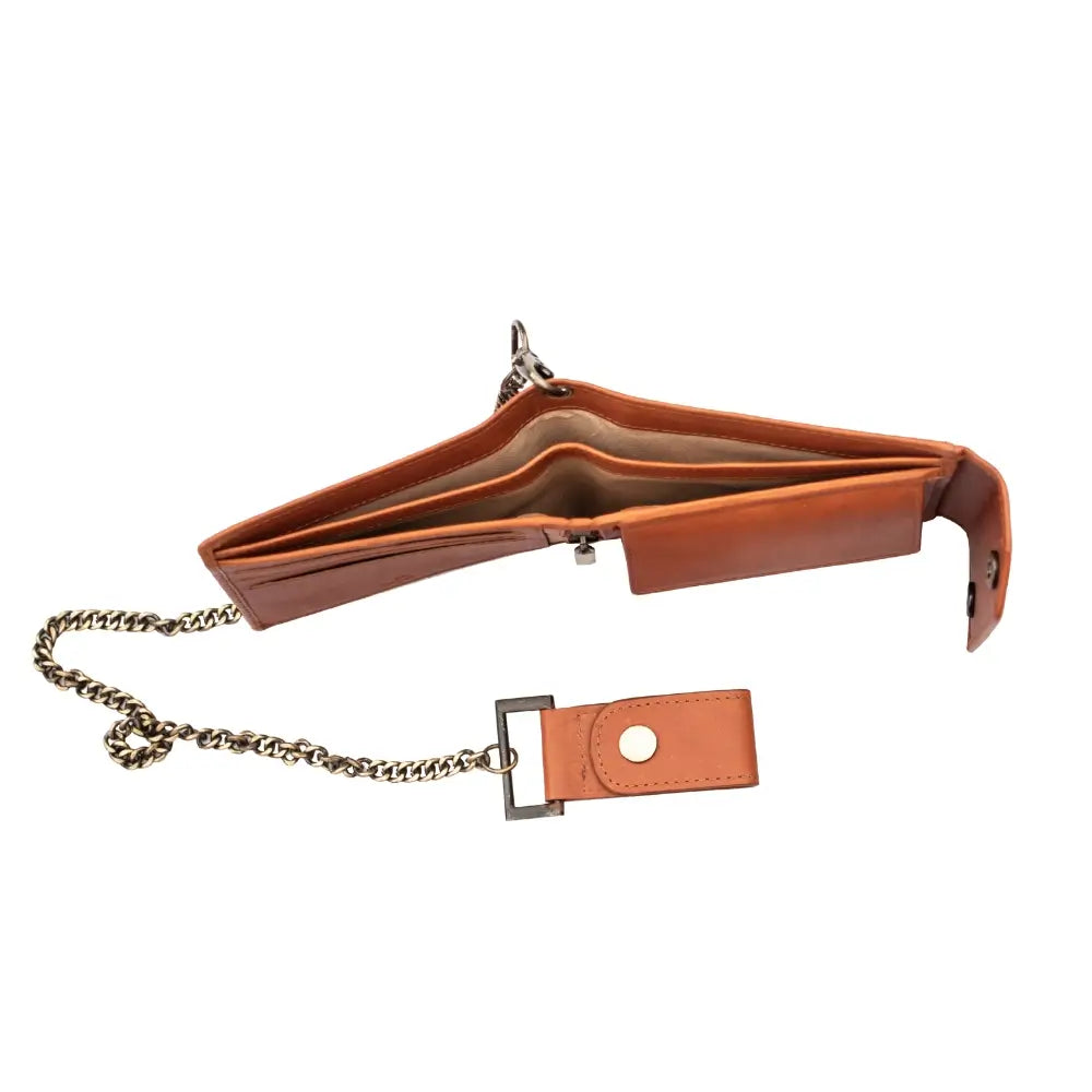 Tan leather wallet with chain on a white background