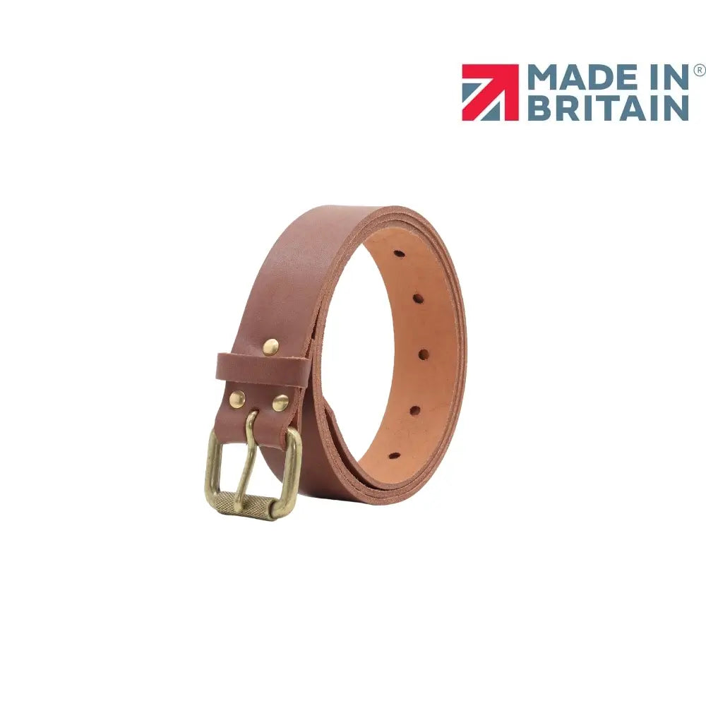Tan leather belt with brass buckle on a white background, featuring 'Made in Britain' logo.