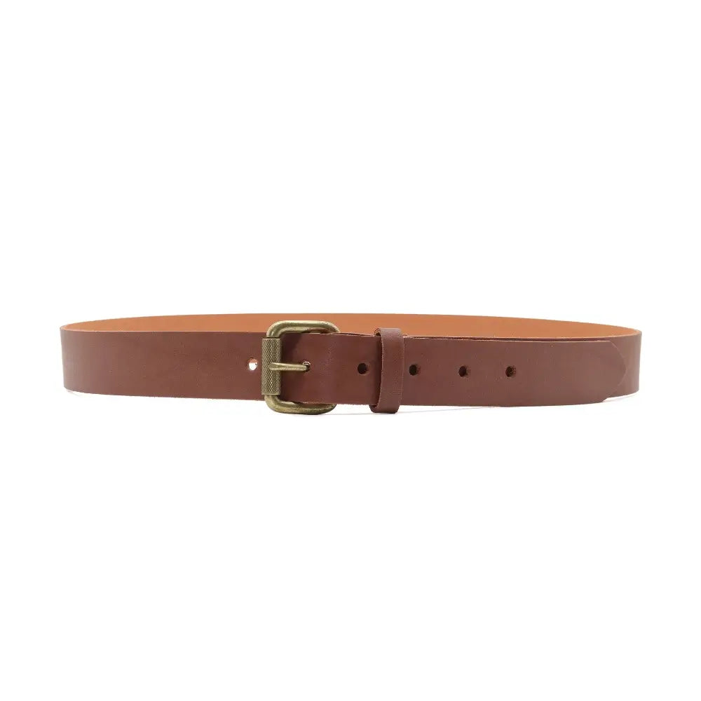 Tan leather belt with brass buckle on a white background, featuring 'Made in Britain' logo.