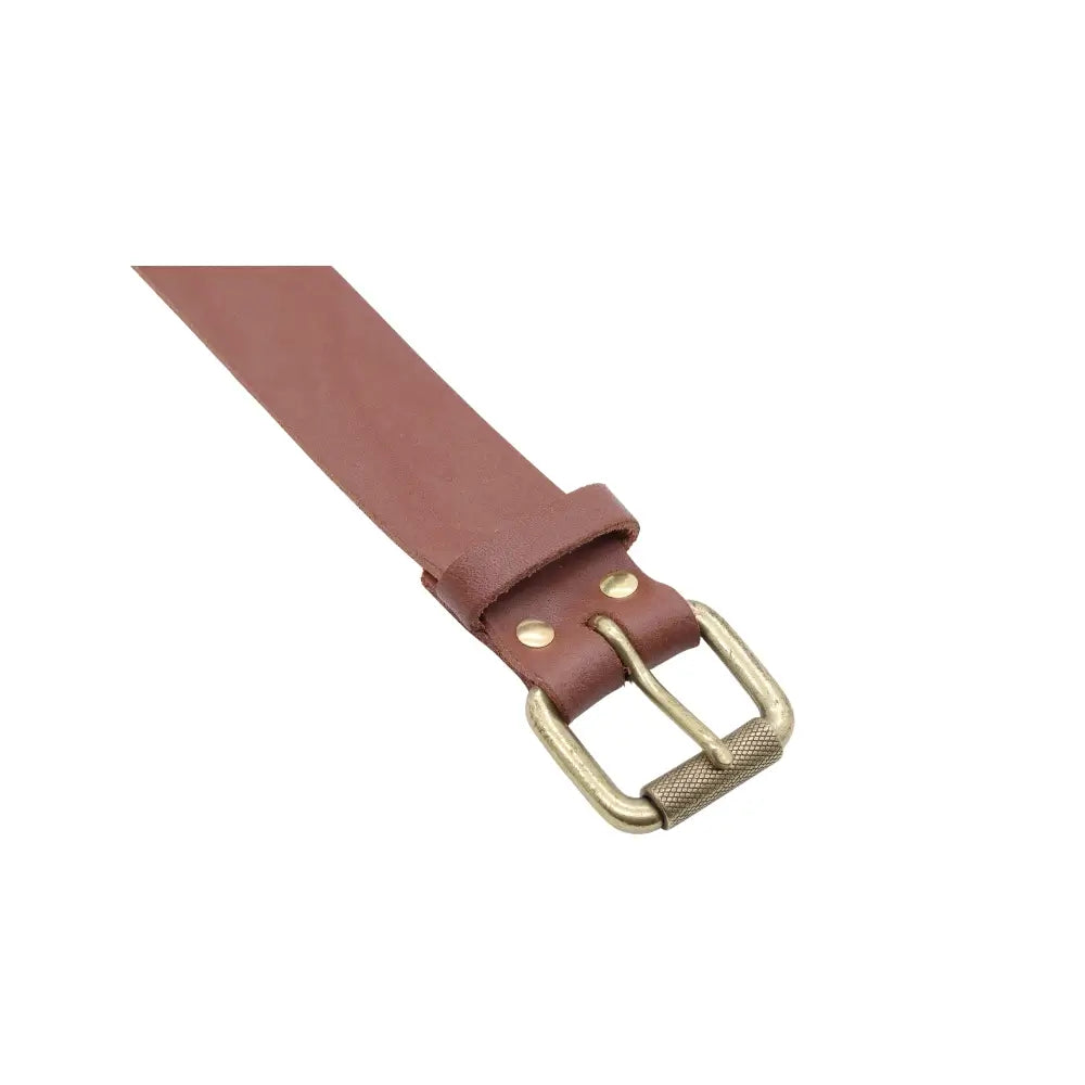 Top angle view of Tan leather belt with a brass buckle on a white background