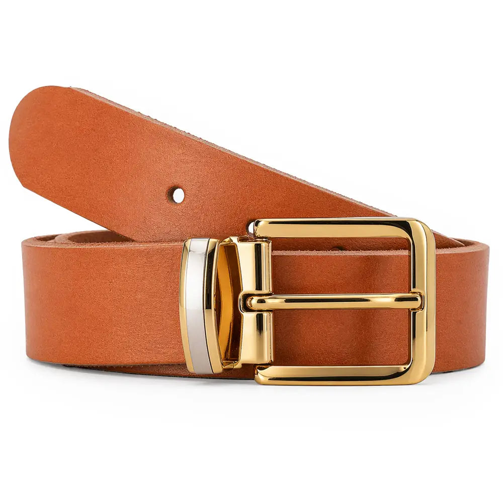 Front view of Tan leather belt with a gold buckle on a white background