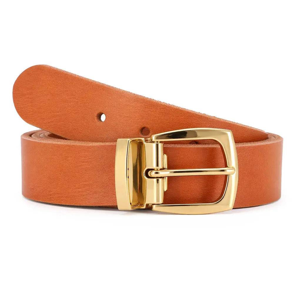 Tan leather belt with a gold buckle on a white background