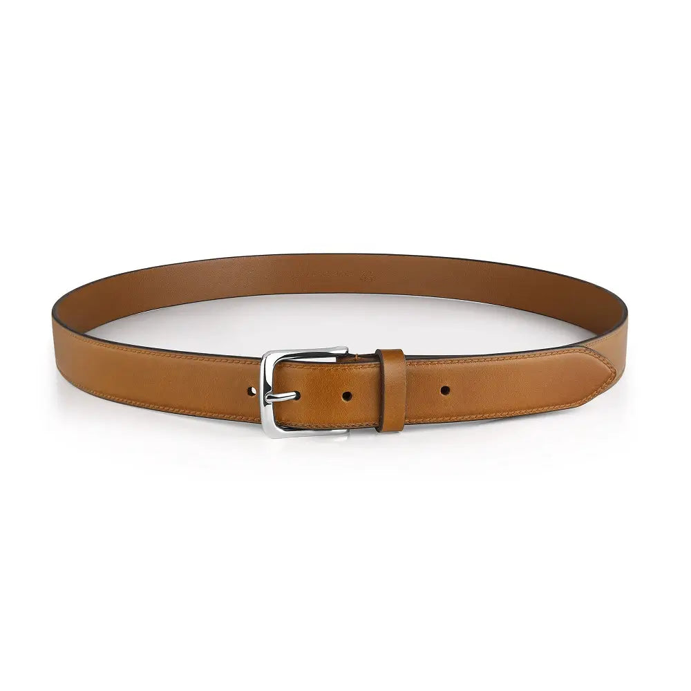 Full width view of Tan leather belt with a silver buckle on a white background