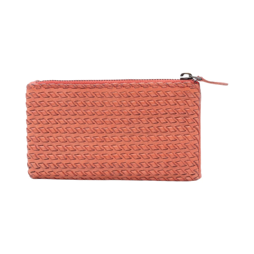 Tan  leather purse with a zipper on a white background