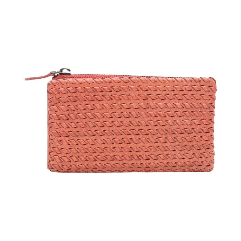Tan leather purse on a white background