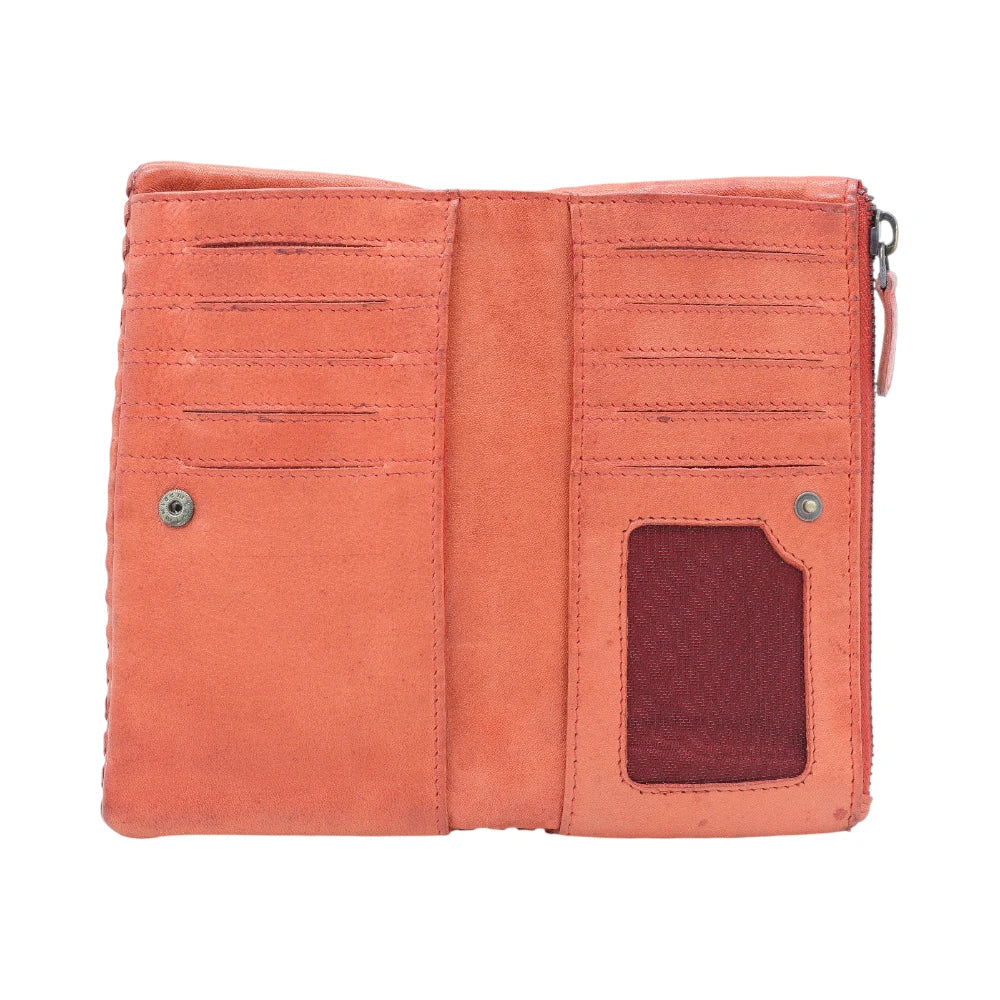 Tan leather purse with multiple card slots and a pocket on a white background
