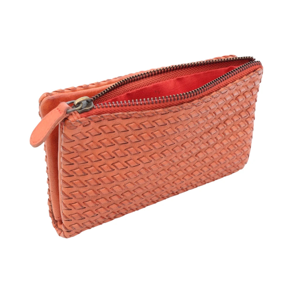 tan leather purse with a zipper on a white background