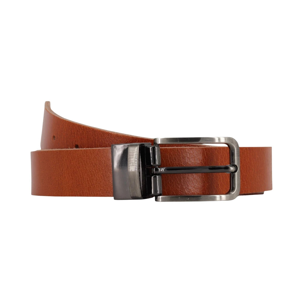 Tan leather belt with a silver buckle on a white background