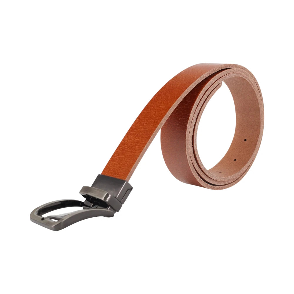 Tan leather belt with a silver buckle on a white background