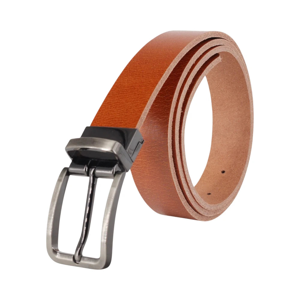 Tan leather belt with a silver buckle on a white background
