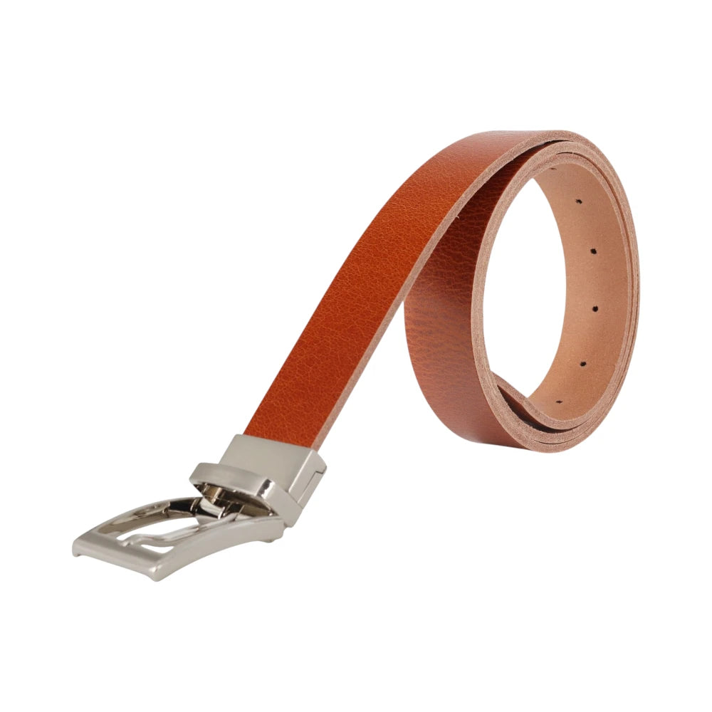 Tan leather belt with a silver buckle on a white background
