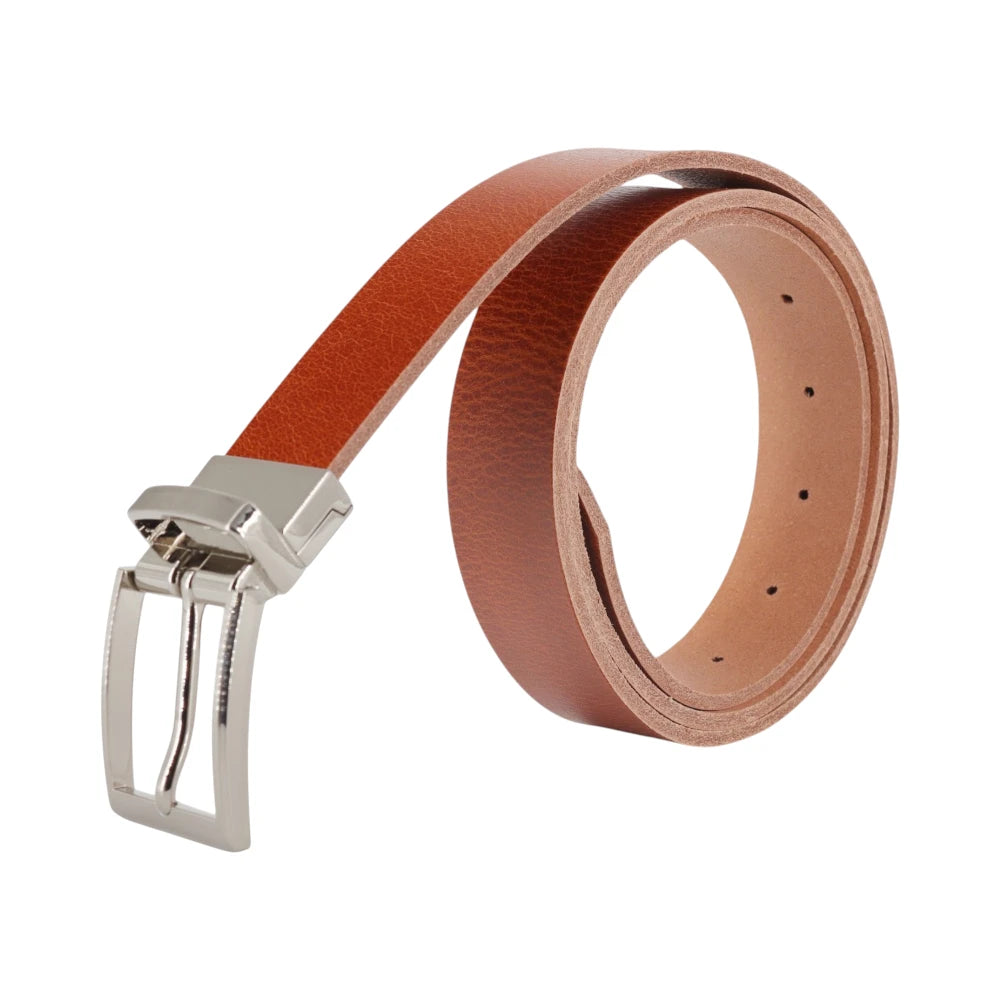 Tan leather belt with silver buckle on a white background
