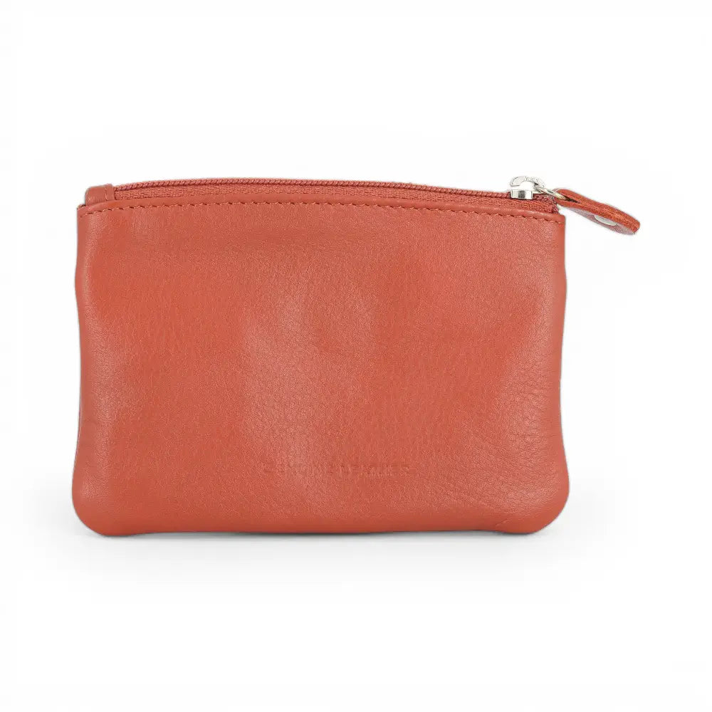 Tan leather pouch with a zipper on a white background