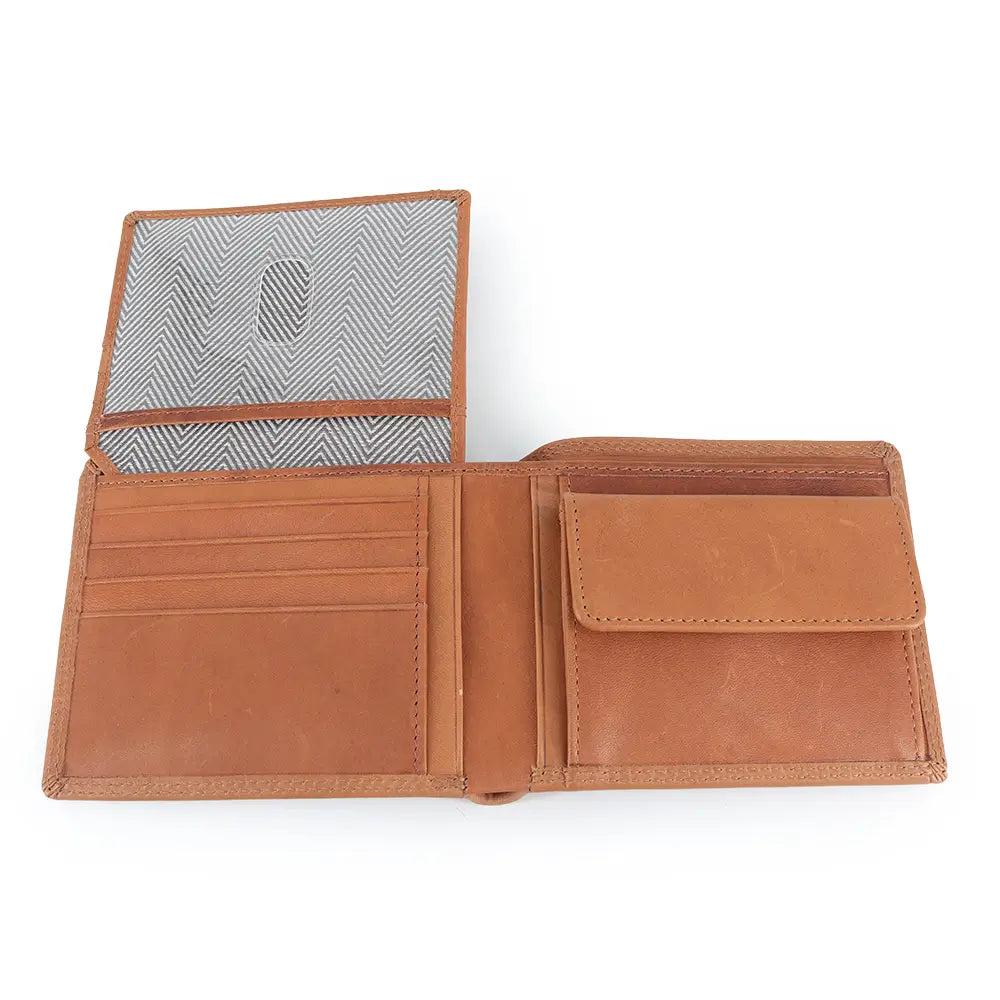 Tan leather wallet with a patterned card holder on a white background
