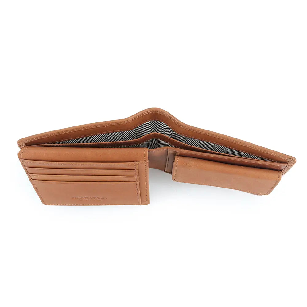 Tan leather wallet on a white background