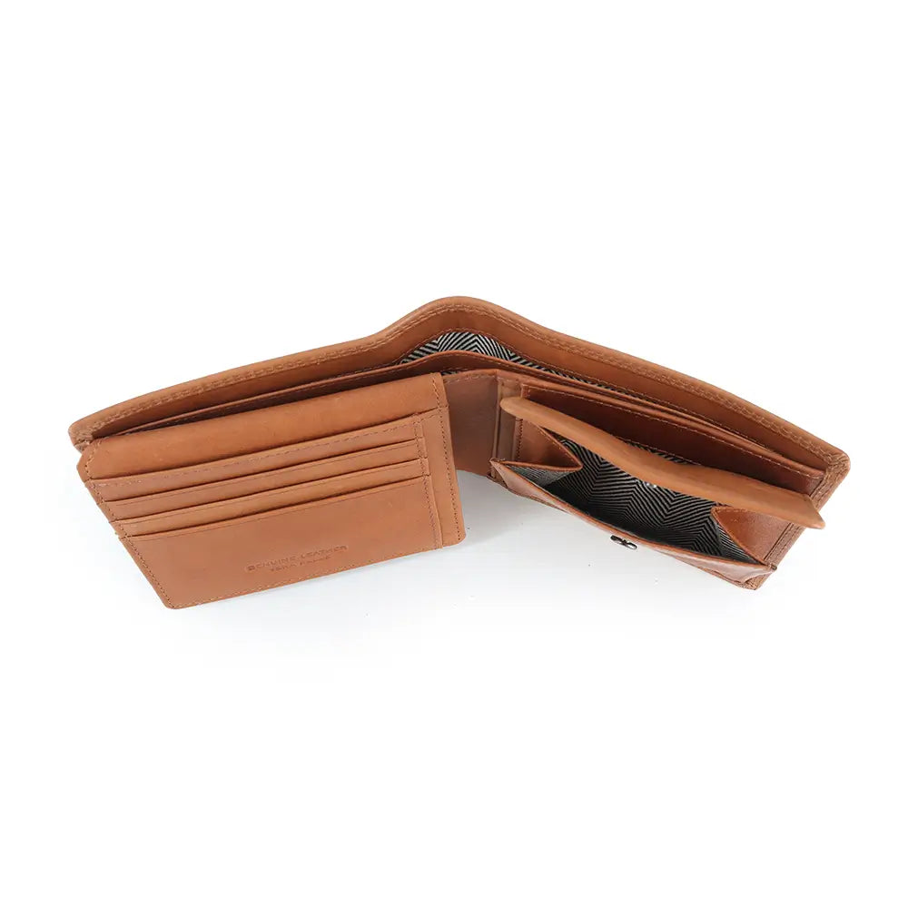 Tan leather wallet open on a white background