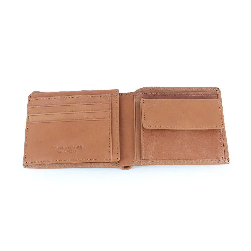 Tan leather wallet open on a white background