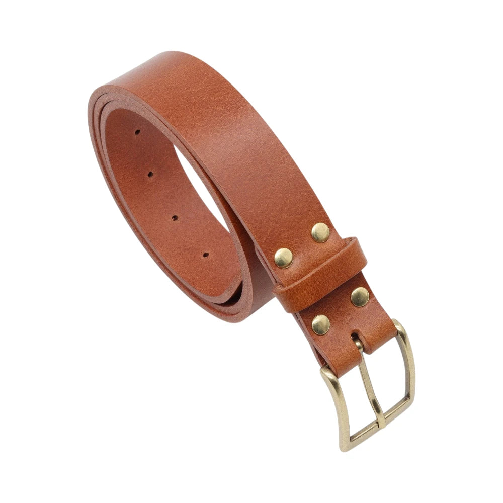 Tan leather belt with gold buckle on a white background