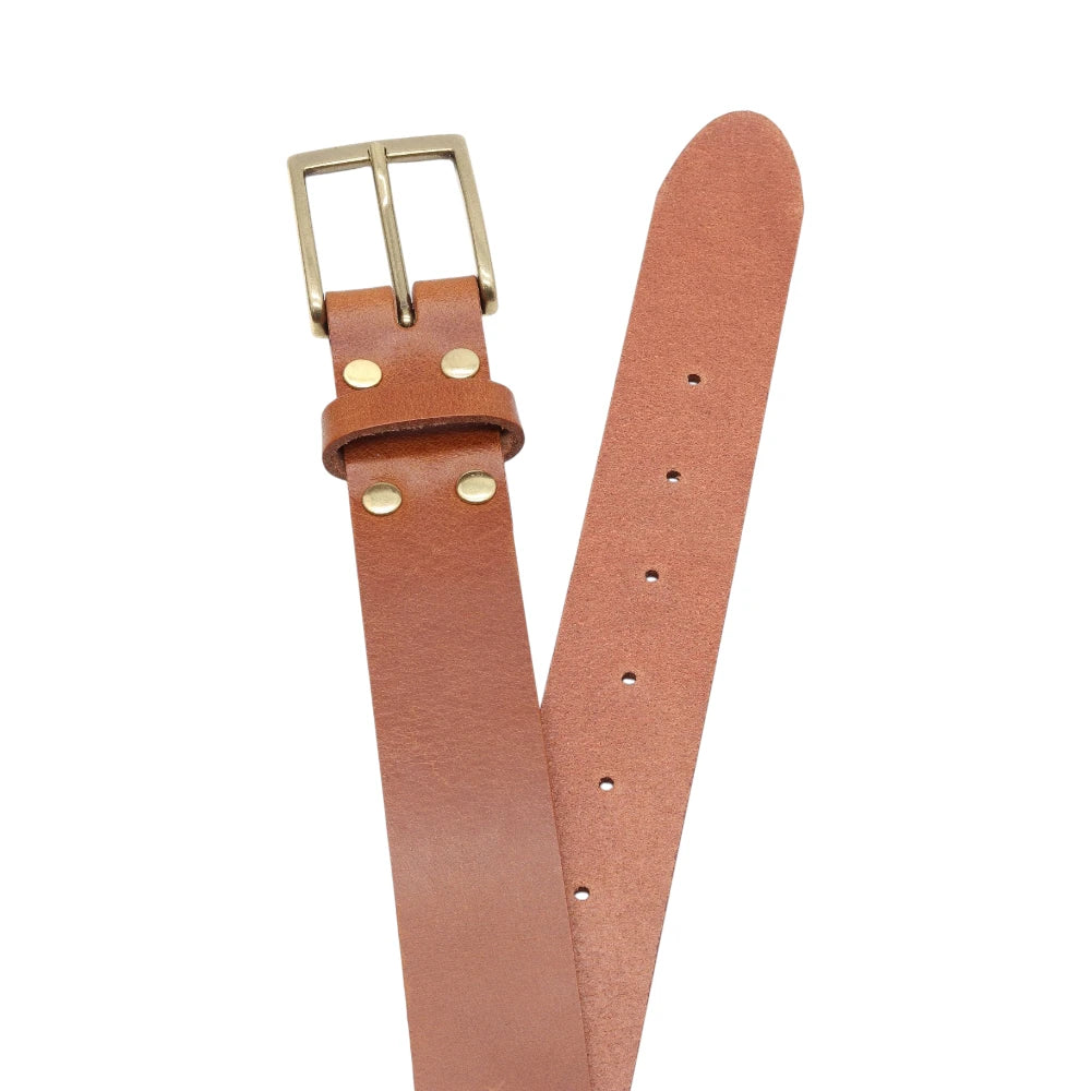 Top angle view of Tan leather belt with brass buckle on a white background