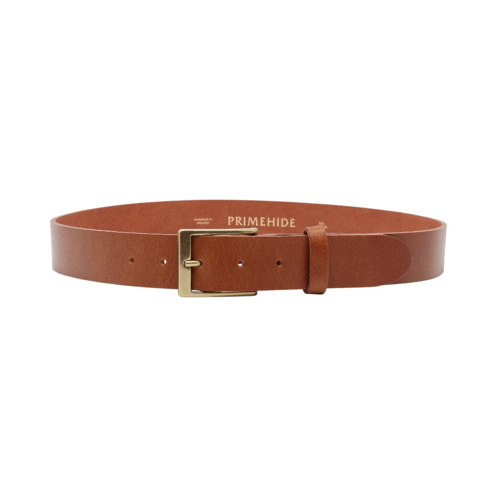 Tan leather belt with gold buckle on a white background