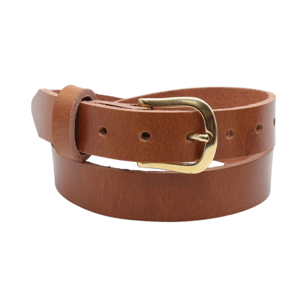 Tan leather belt with a gold buckle on a white background