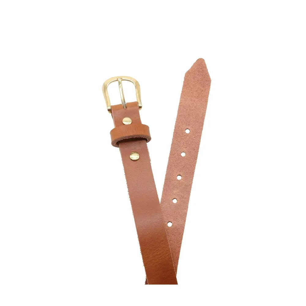 Top angle view of Tan leather belt with gold buckle on a white background