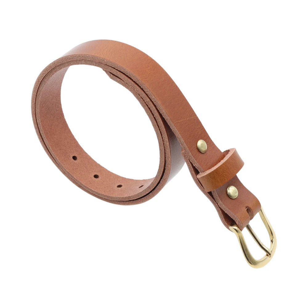 Tan leather belt with gold buckle on a white background