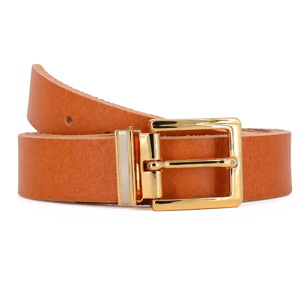 Front view of Tan leather belt with a gold buckle on a white background