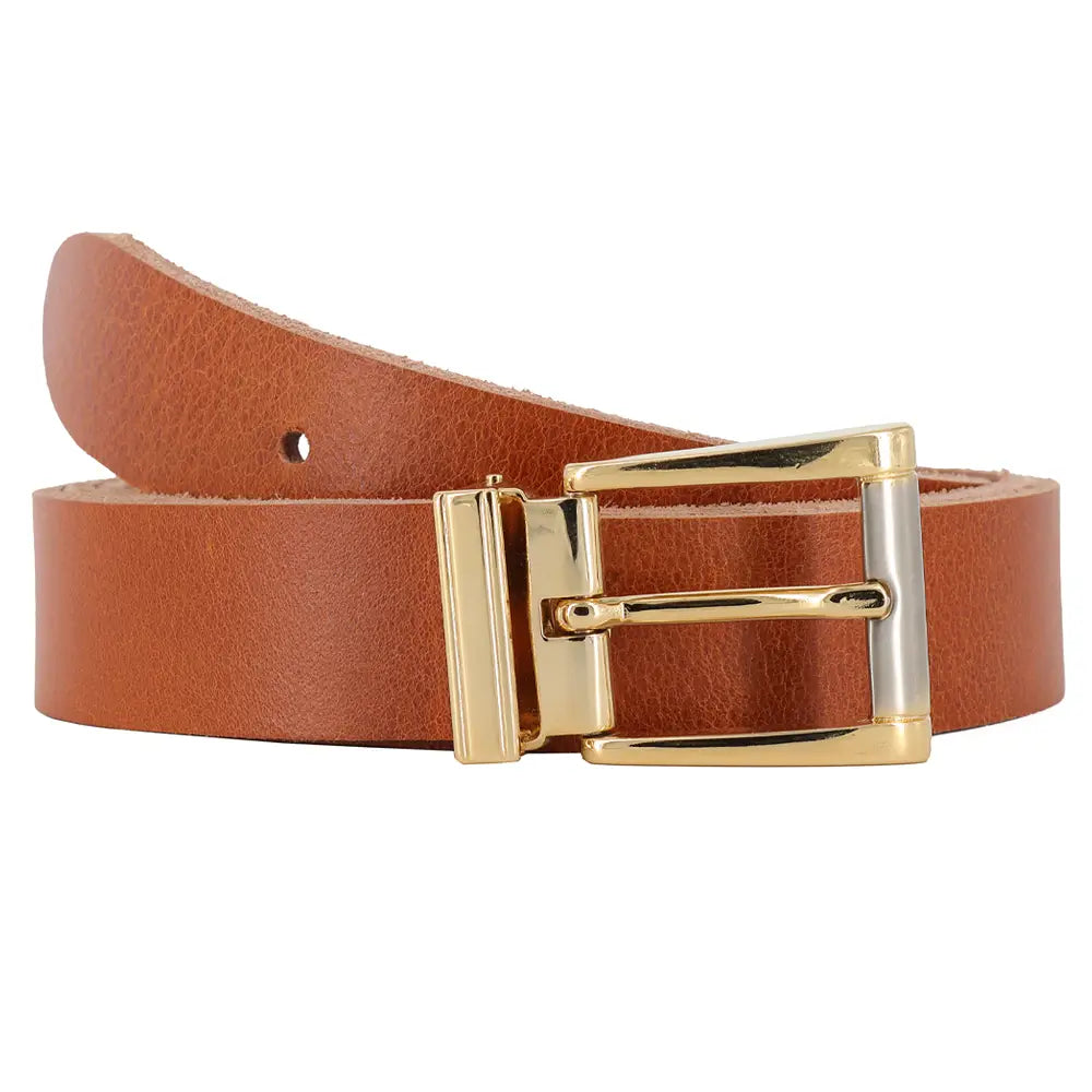 Front view of  leather belt with a gold buckle on a white background