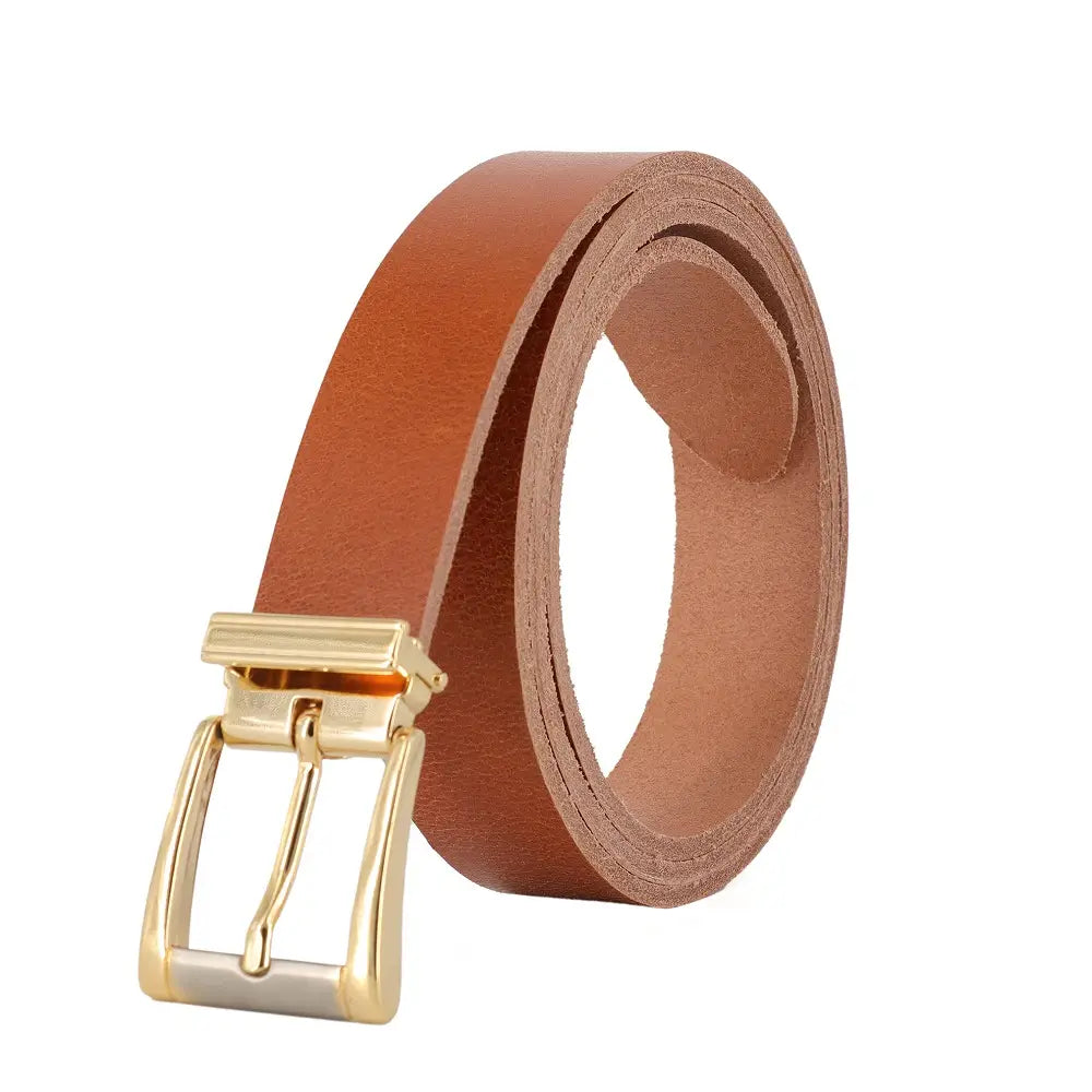 Tan leather belt with a gold buckle on a white background