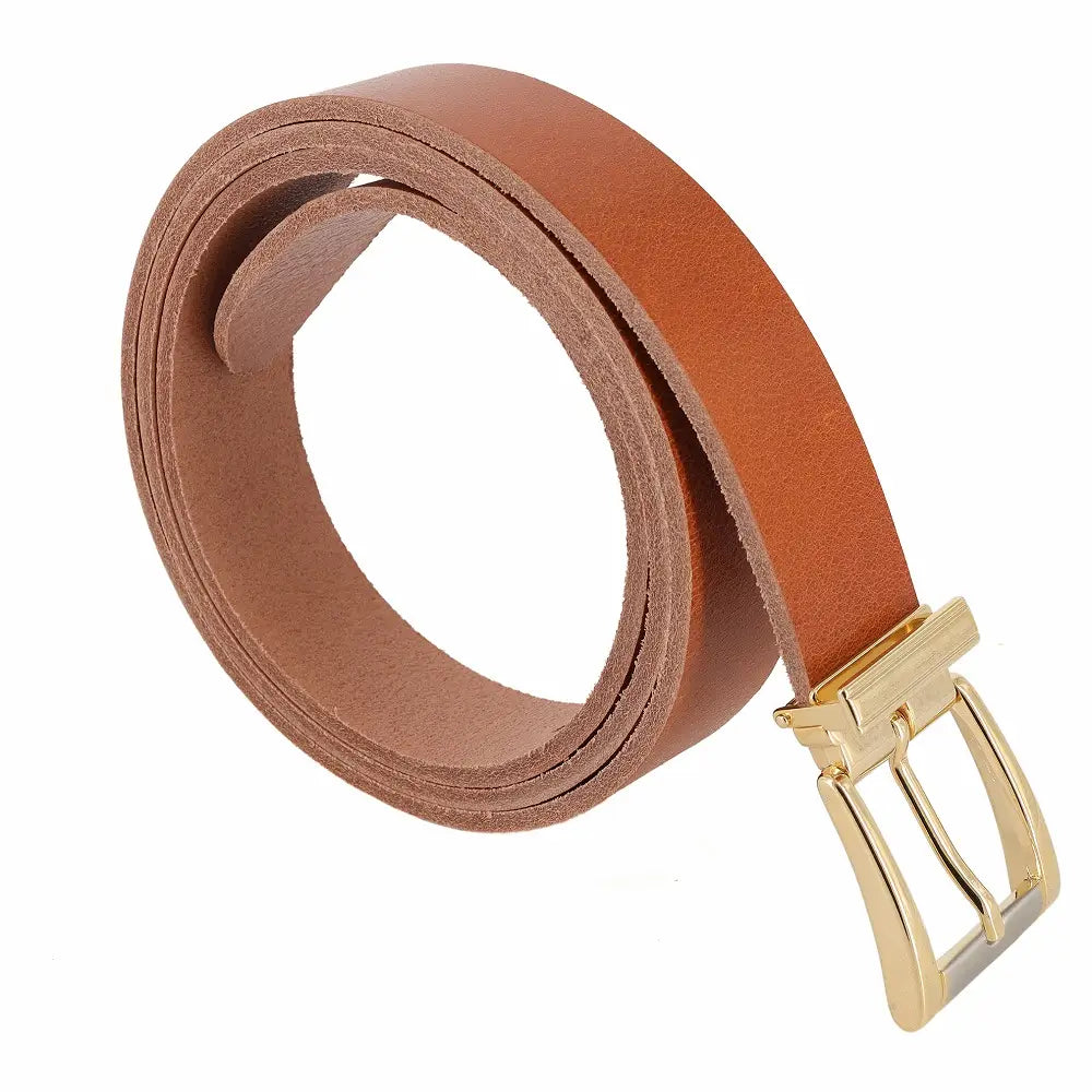 Tan leather belt with a gold buckle on a white background