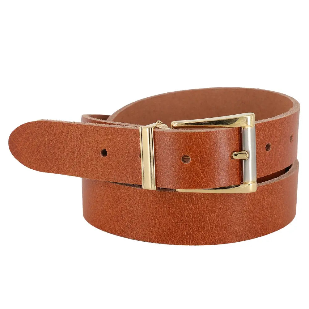 Tan leather belt with a gold buckle on a white background
