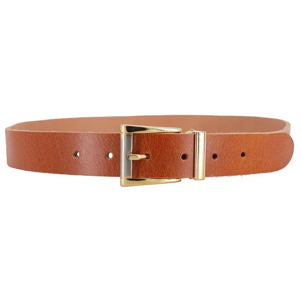Full width view of Tan belt with a gold buckle on a white background