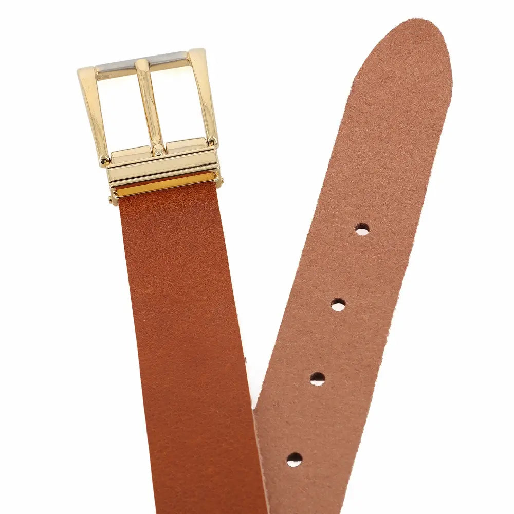 Top angle view of Tan  leather belt with a gold buckle on a white background