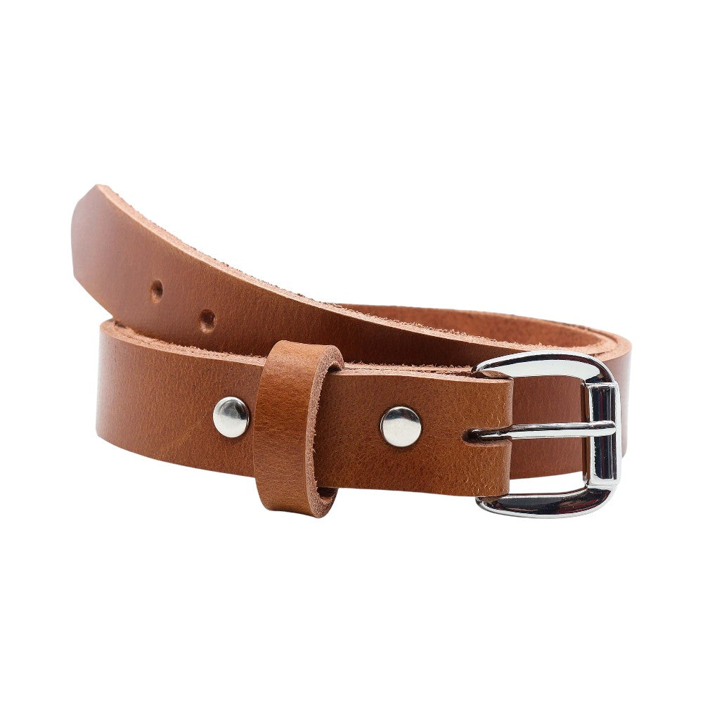 Front view of Tan  leather belt with silver buckle on a white background