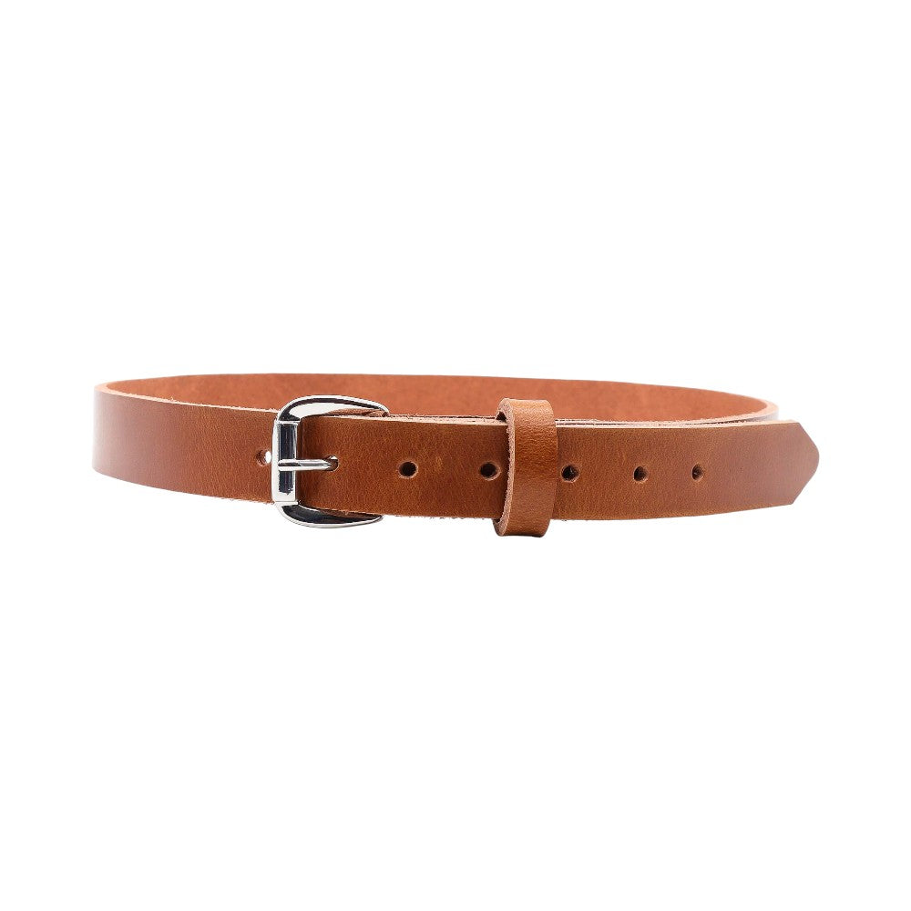 Full width view of Tan   leather belt with a silver buckle on a white background