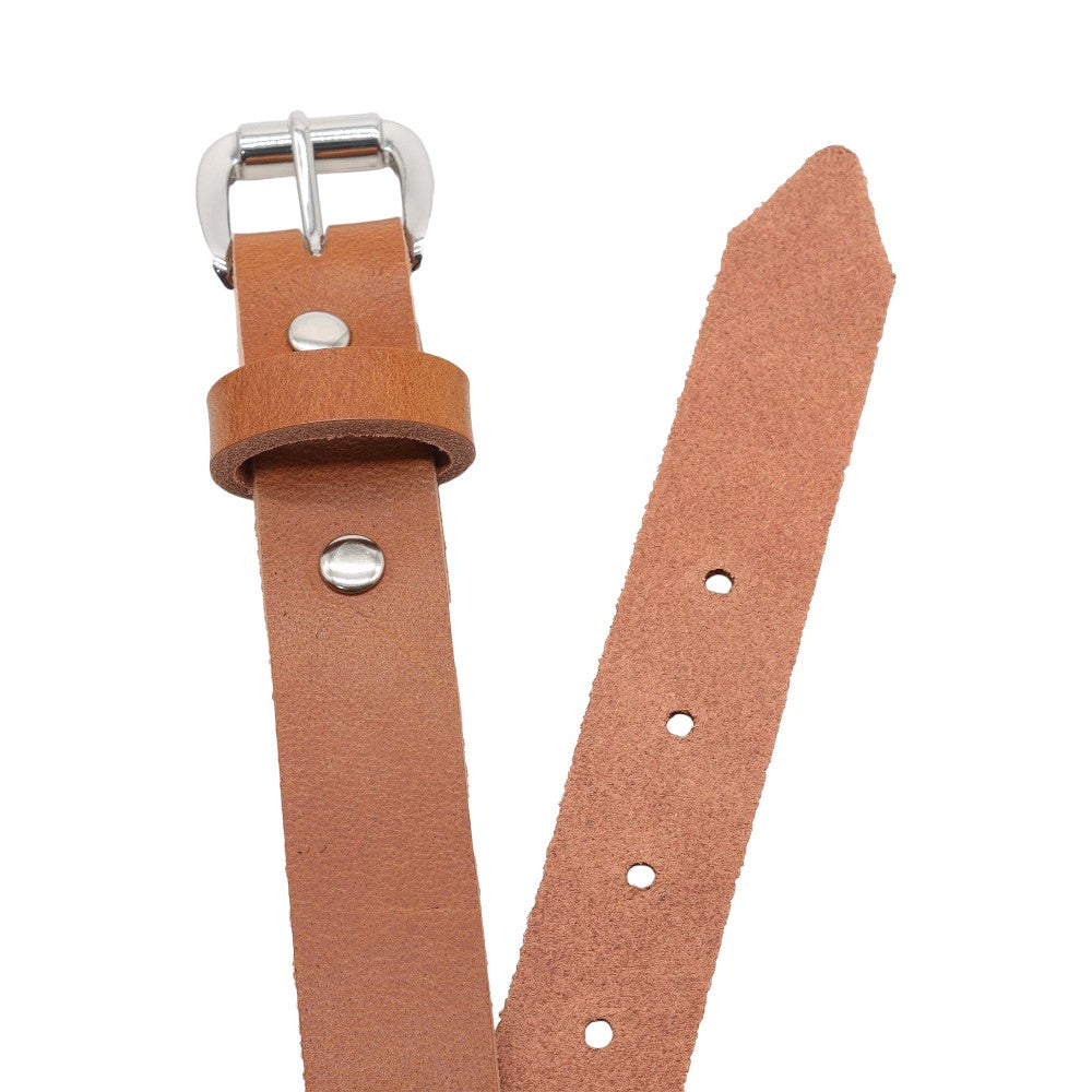 Top angle view of Tan   leather belt with silver buckle on a white background