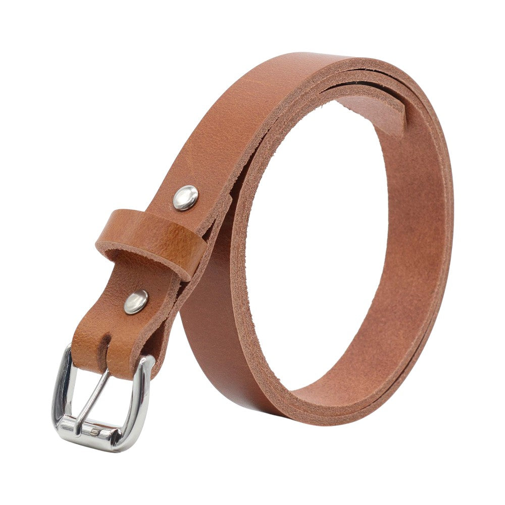 Tan   leather belt with silver buckle on a white background