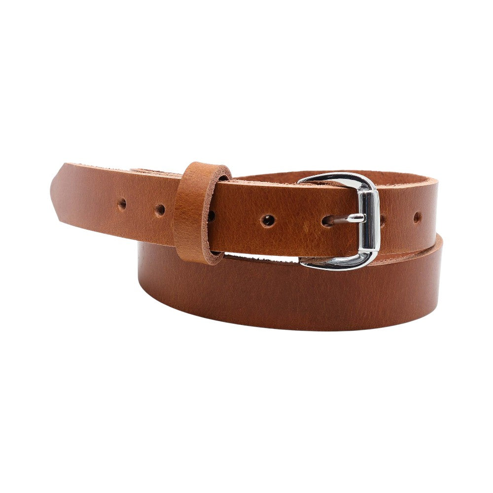 Tan  leather belt with a silver buckle on a white background