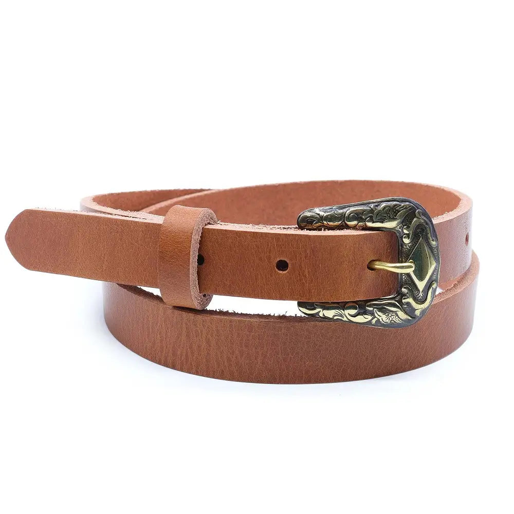 Front view of Tan leather belt with a gold buckle on a white background