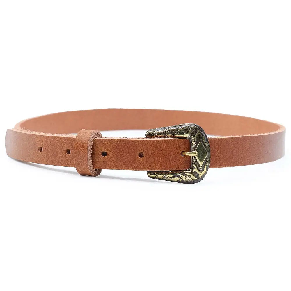Full width view of Tan leather belt with a gold buckle on a white background