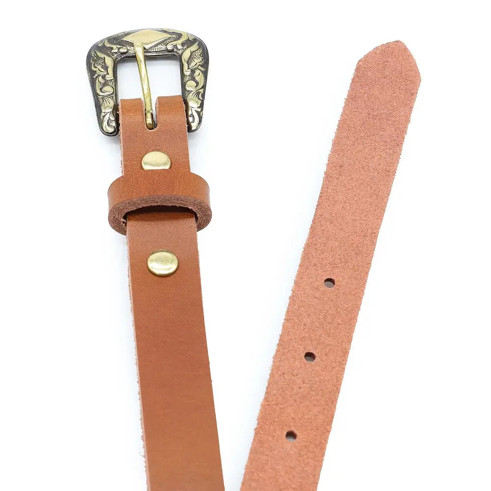 Top angle view of Tan leather belt with decorative buckle on a white background