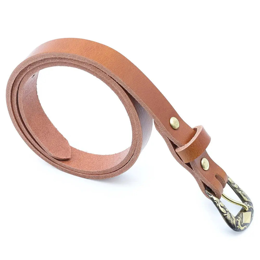 Tan leather belt on a white background