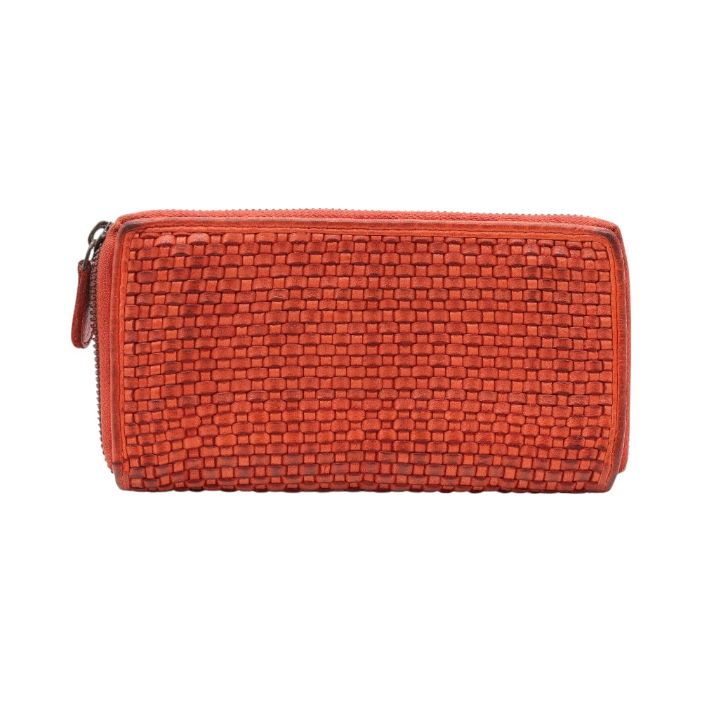 Tan leather purse on a white background
