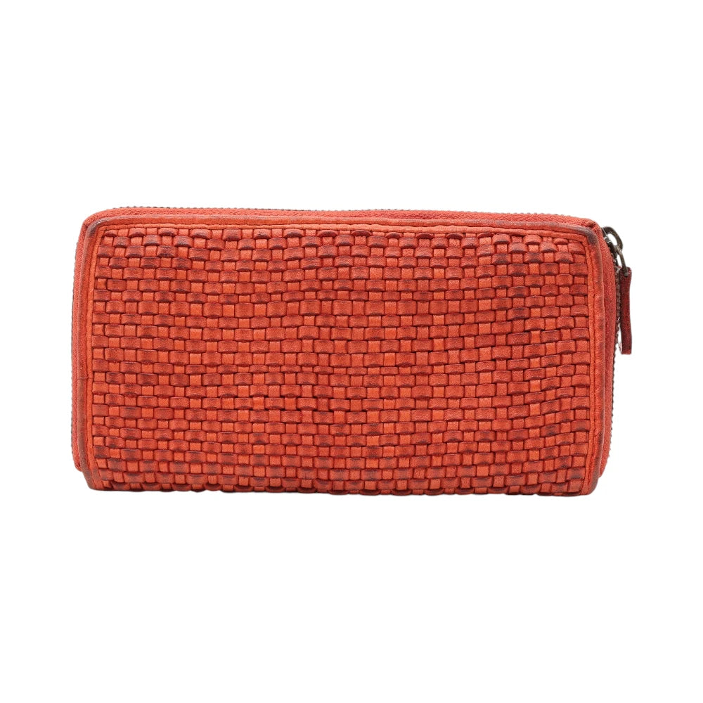 Front view of tan leather purse on a white background