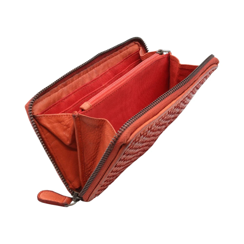 Open tan wallet with a textured pattern on a white background