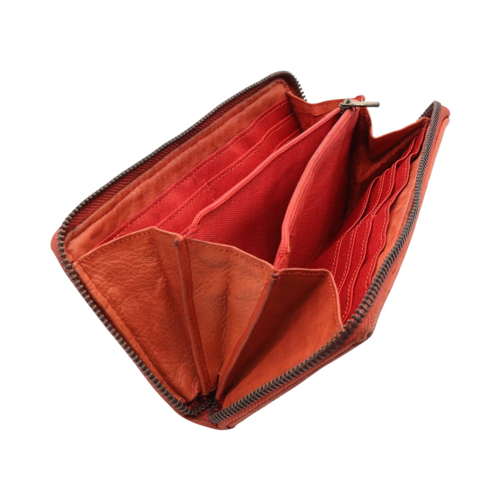 Open tan wallet on a white background
