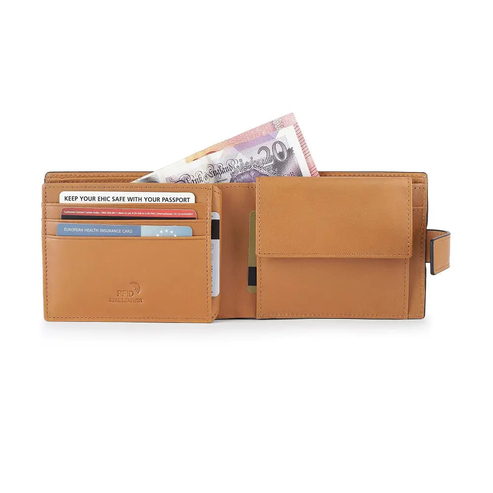 Organised view of Tan leather wallet with card slots and currency pocket on a white background